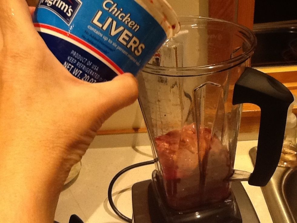 Place one tub of liver in a high speed blender.