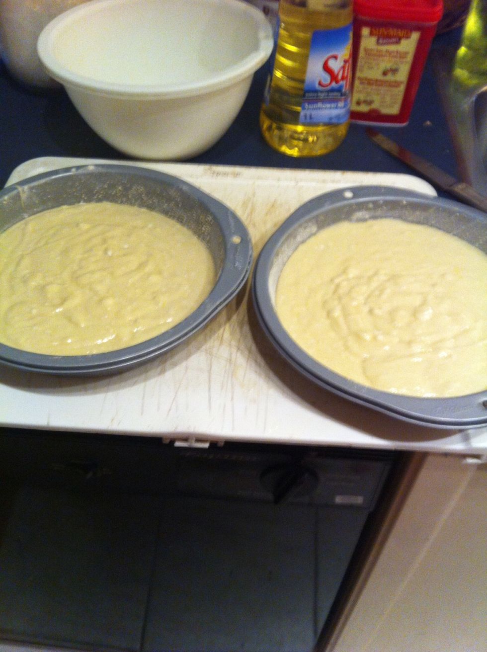 Place pans ( with divided amount of batter) in oven
