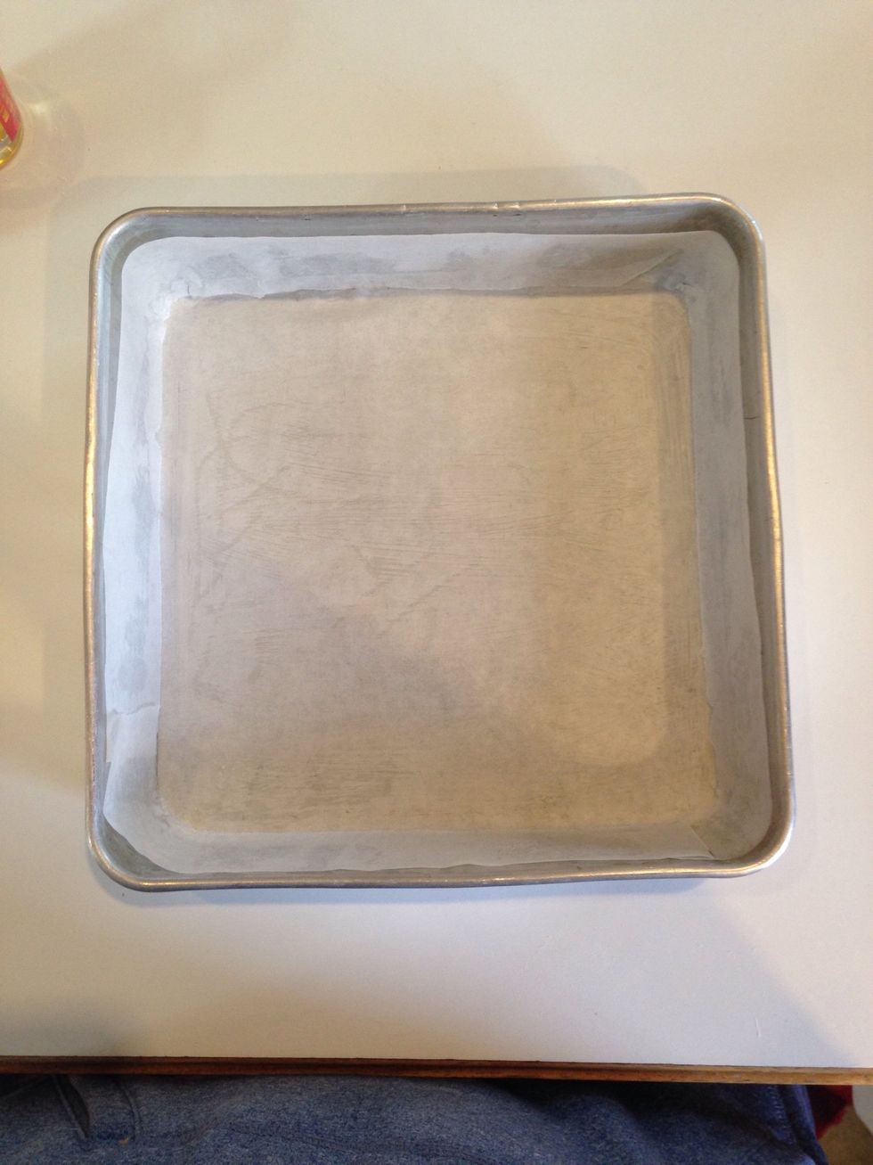 Place parchment in pan to cover bottom and sides.