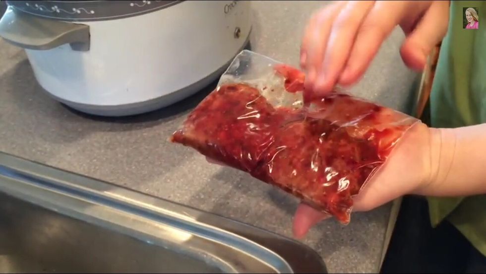 Place patties in a zip closing bag along with one spoonful of marinade per patty. Remove as much air from the bag and seal. Place bag in the water and cook on HIGH for at least two hours.