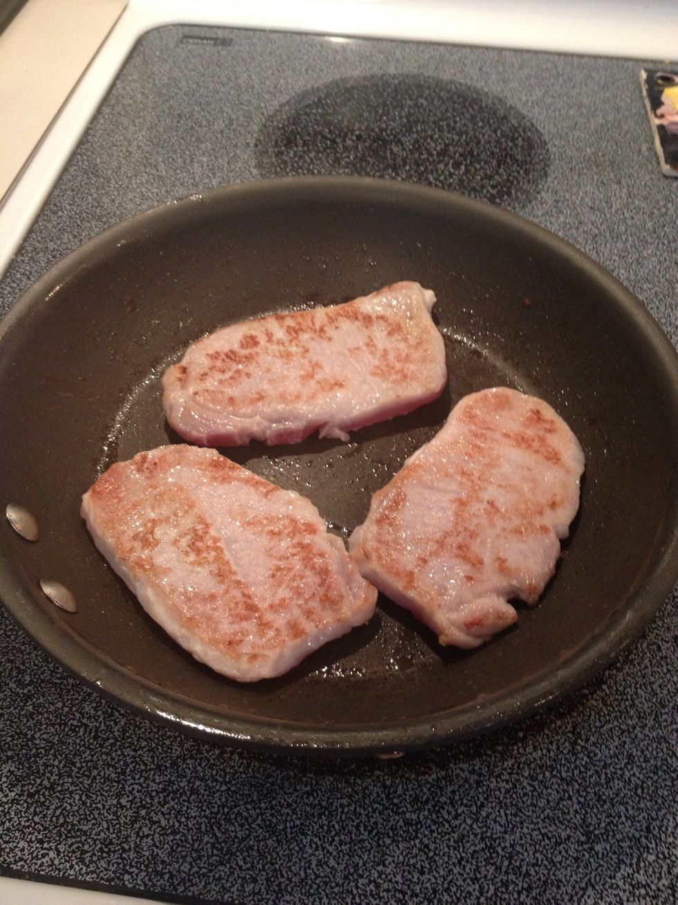 Place pork chops in same pan and increase heat to medium. Brown on both sides, about 3-4 minutes. Don't cook all the way, just brown for flavor.