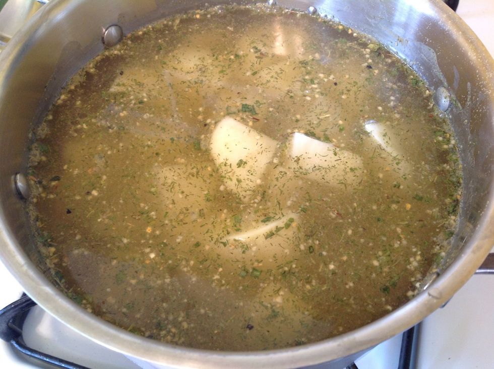 Place pot on stove over high heat. Set timer for 22 minutes. That should be just enough time to boil and cook the potatoes perfectly.  Test for doneness around 20 minutes. Cook longer if you prefer.