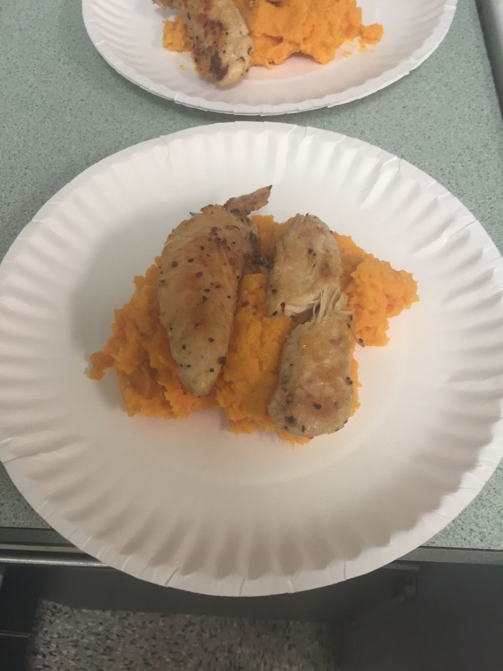 Place potatoes on plate first then chicken on top