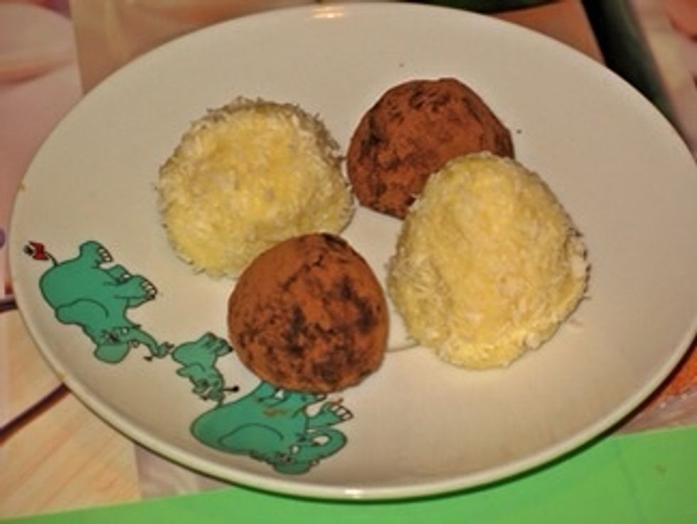 Place ready truffles in freezer for at least 20 minutes ))) and they are ready to be eaten ))))