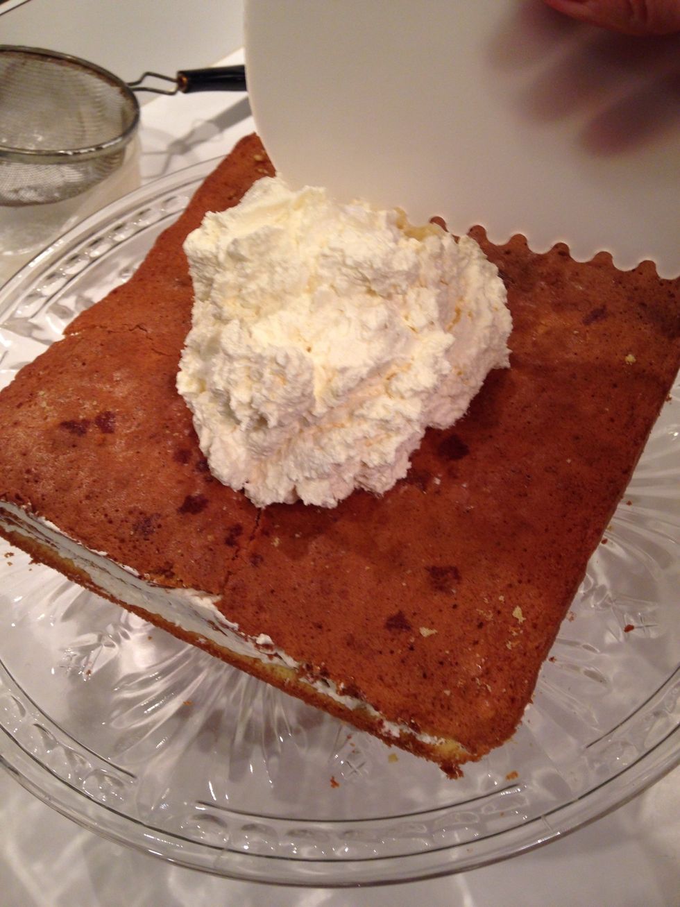 Place remaining filling/buttercream/frosting on top of cake and spread being careful to only proceed in one direction so you don't get any crumbs.