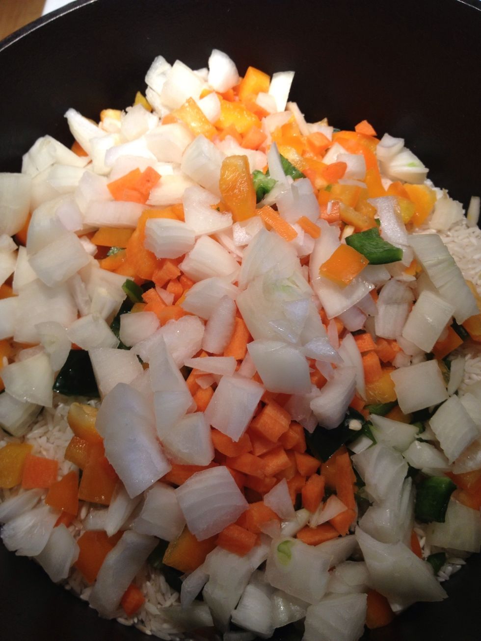 Place rice, all chopped veggies, and cumin seed into pot. Youll hear that magic sizzle! Stir rice mixture frequently to allow rice to toast properly.