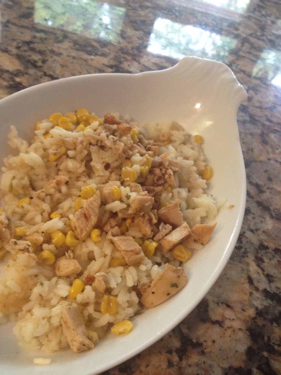 Place rice, chicken, and whatever else you like in your bowl. I always make skillet corn and serve with our rice bowls. Enjoy!