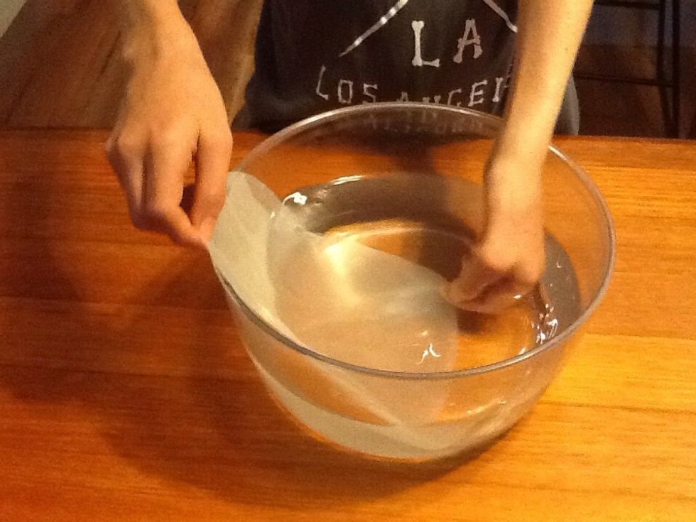 Place rice paper rounds in luke warm water for about 15 seconds.