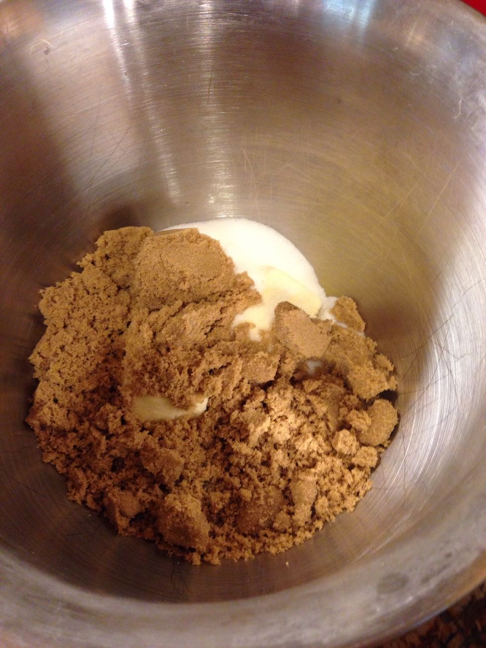 Place room temperature butter, and sugars in a mixing bowl. Beat for 3-5 min with your electric mixer on high.