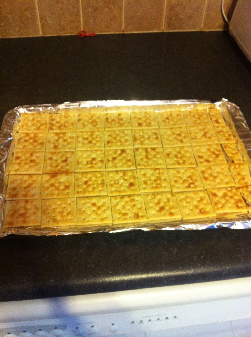 Place saltine crackers on a lined cookie sheet. Spray tin foil.