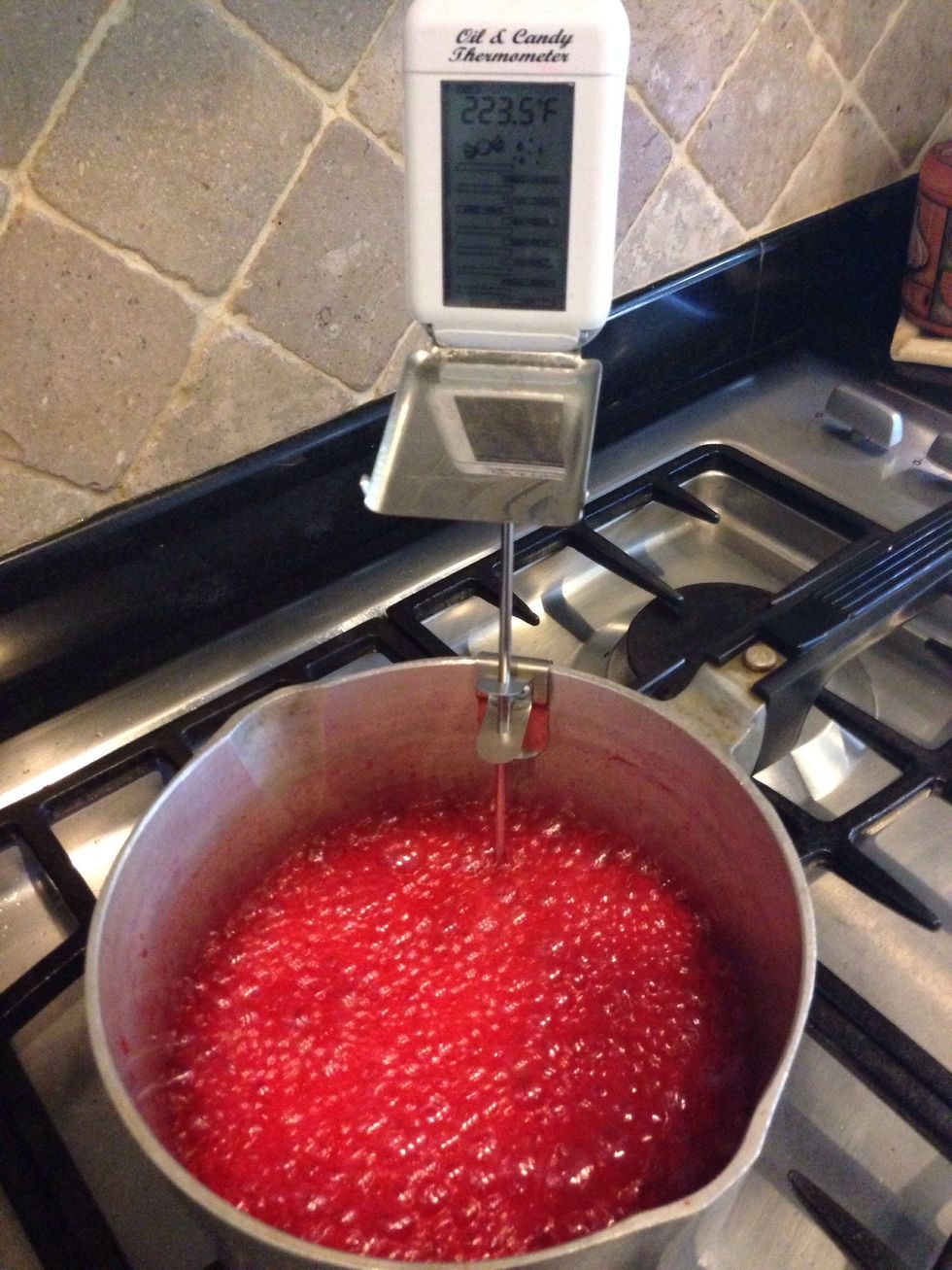 Place saucepan on medium heat. Make sure candy thermometer is attached or sits up in pan. Cook mixture to hard crack stage 290 - 310 degrees Fahrenheit.