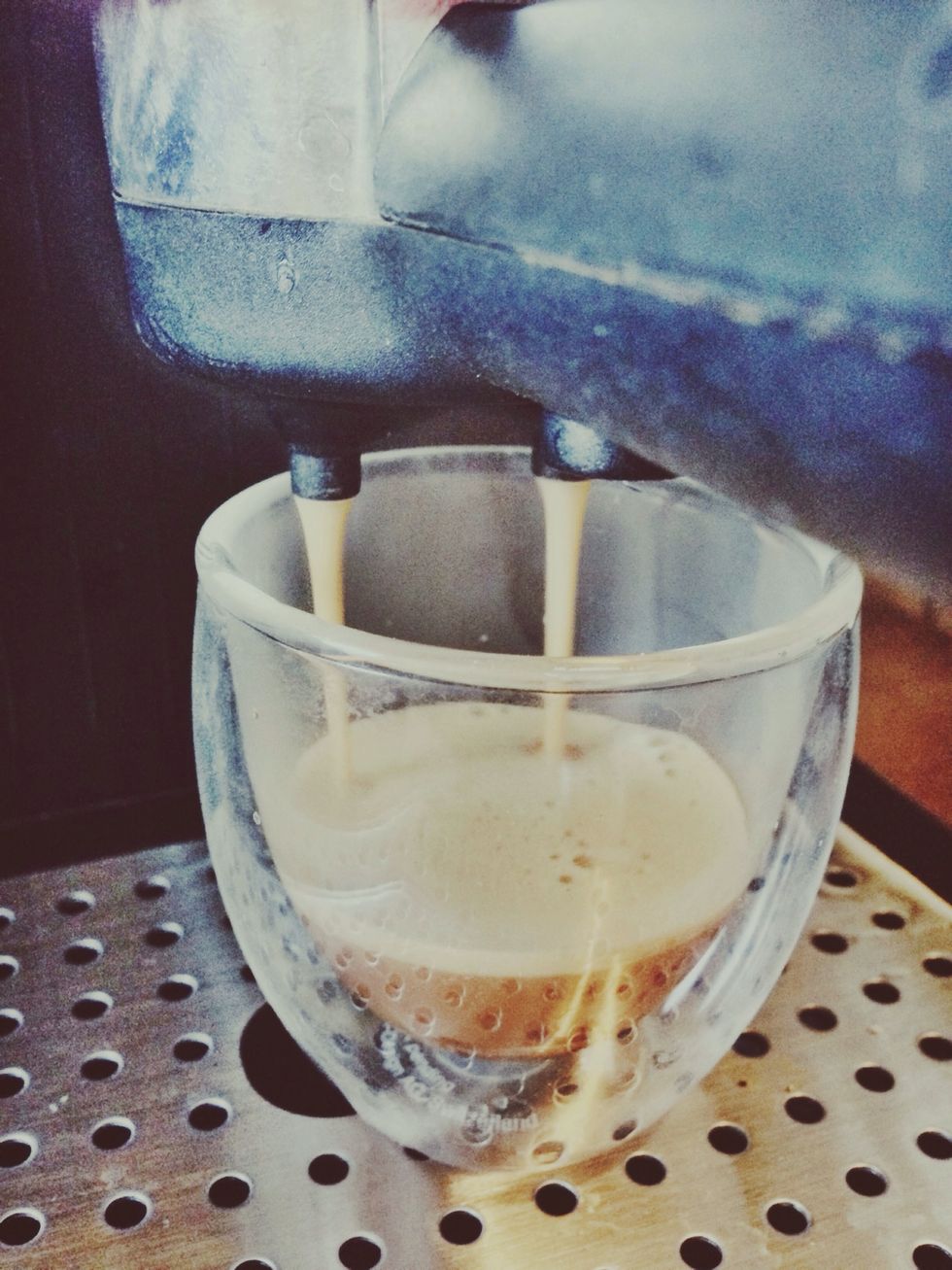 Place shot glass under portafilter. Turn knob all the way to the right. You'll begin to hear the pump. Watch extraction closely. You should start to see changes in color as the shot glass fills.