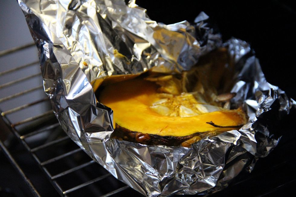 Place slice of pumpkin in oven for about 10 minutes till starts to become soft. 200 degrees should do