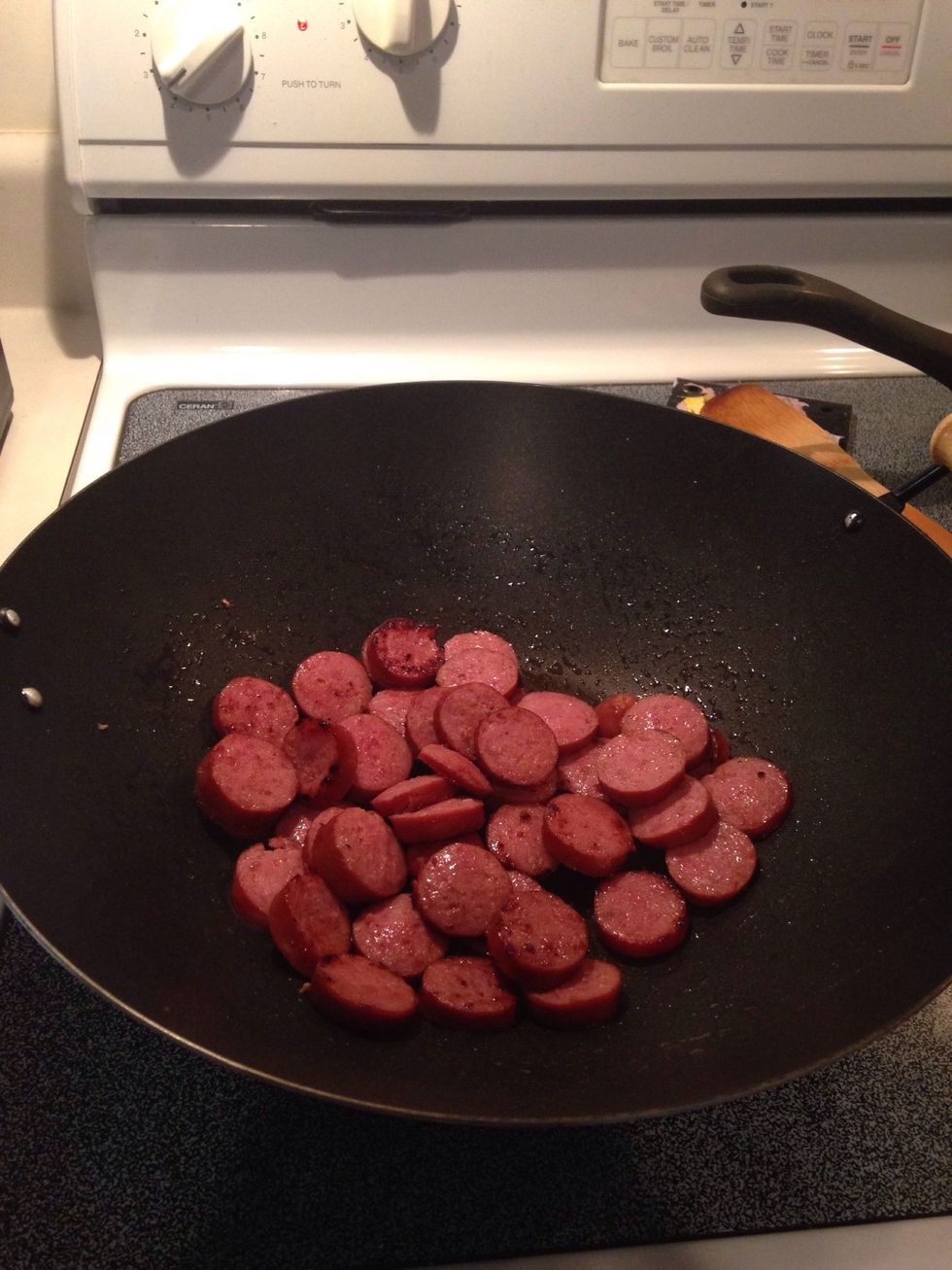 Place sliced meat in a heated pan and saut\u00e9 for 3-4 minutes until meat starts to brown.