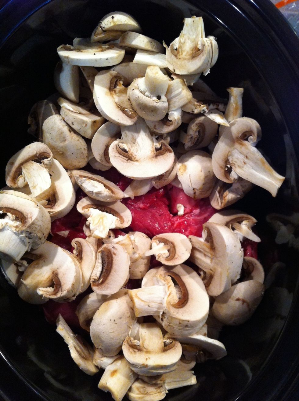 Place sliced mushrooms in pot on top of stew meat