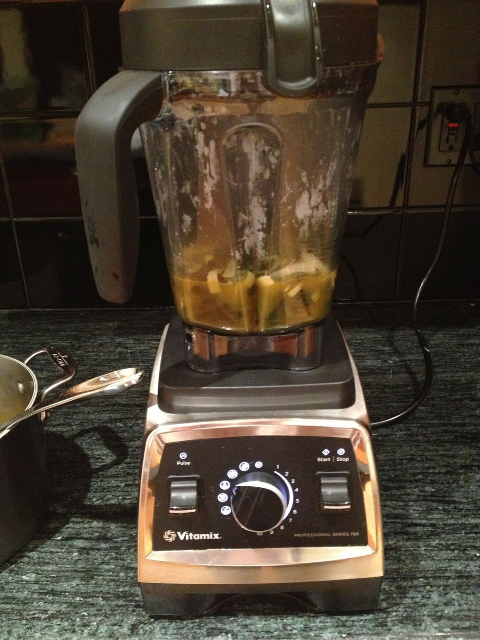 Place soup into the Vitamix container and secure lid. Select Variable 1.