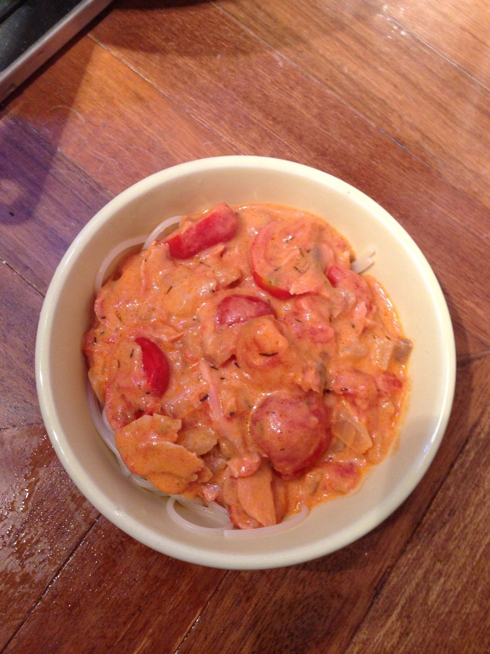 Place spaghetti in a bowl & pour the sauce over the dish. Serve hot.