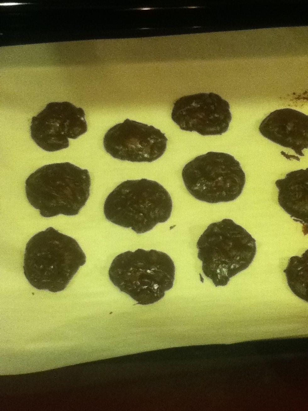 Place spoon fulls of brownie mixture on parchment about 2 inches away from each other and bake for 9 minutes