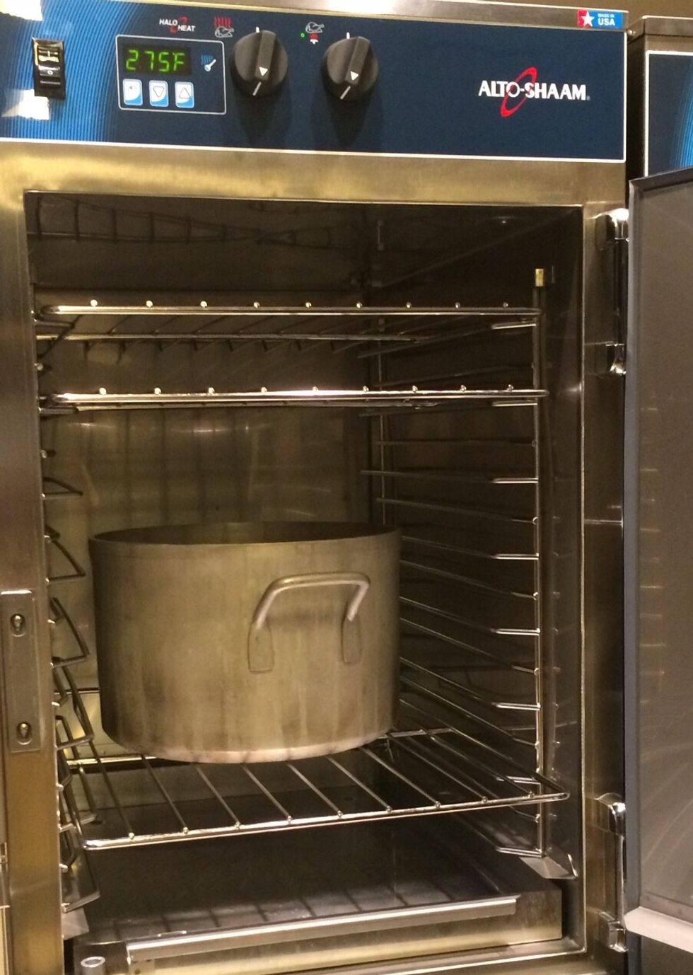 Place stock into 275F (135C) cook & hold oven and let cook for 6 hrs. This can be done overnight just hold at 160F (71C). Strain and season as desired.
