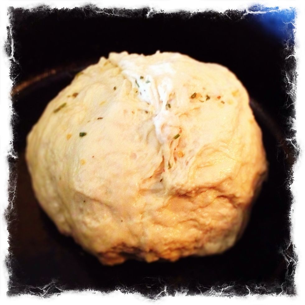Place the ball of dough in the olive oil brushed Dutch-oven and cook at 450 degrees F. For about 40 min.