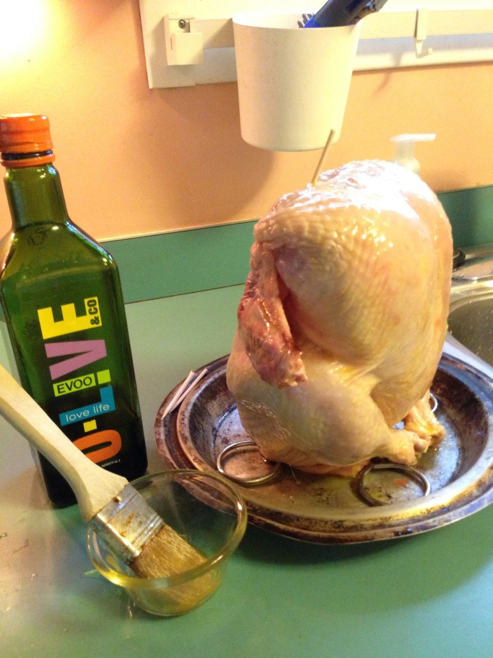 Place the bird on the pop can and holder. Measure the olive oil into a small dish and using a basting brush, cover the bird with oil.