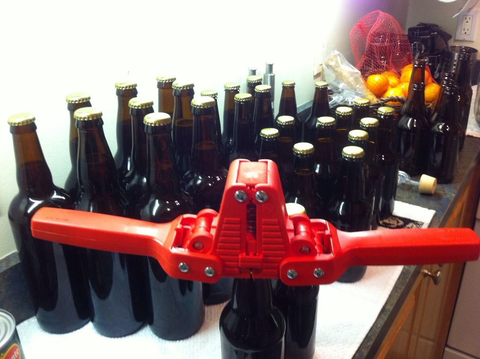 place the bottle caps on each filled bottle. they love this. you got a bottle clamper right? ok then. place it down all gentle like and get above it.