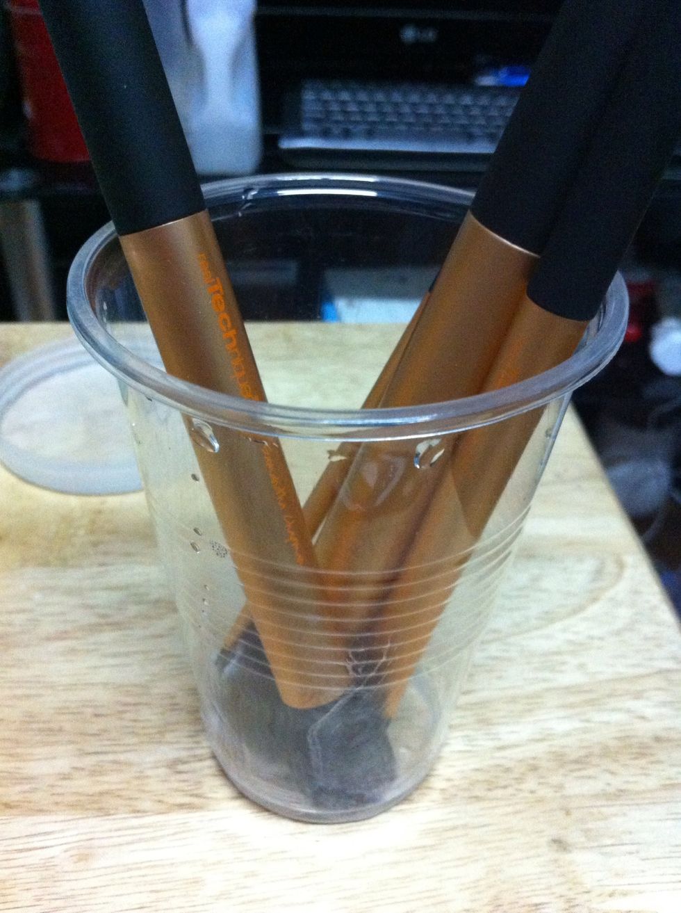 Place the brushes in the plastic cup and let sit for at least a minute. \ud83d\ude09