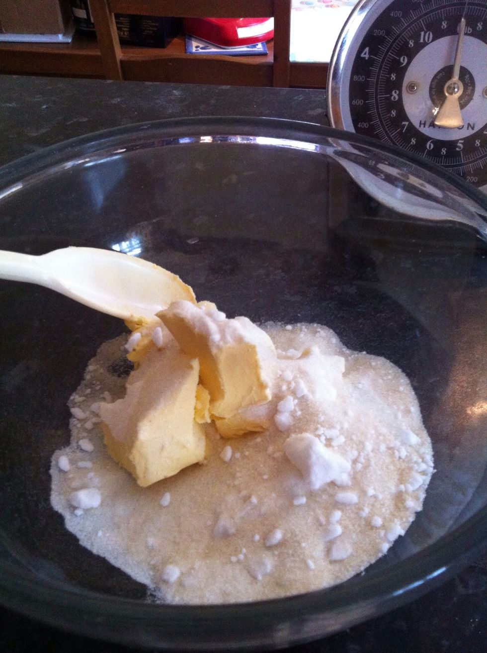 Place the butter/margarine in a bowl , I used part white caster sugar and part golden caster sugar purely because I had ran out of plain white.