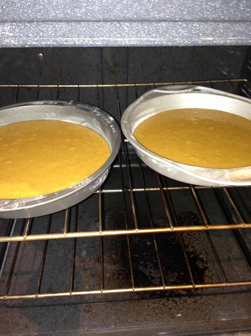 Place the cake pans into the oven, in the middle rack of your oven. If you have a wide enough oven, you can try and fit all three pans at once, but be sure the pans are cooking on an even level.