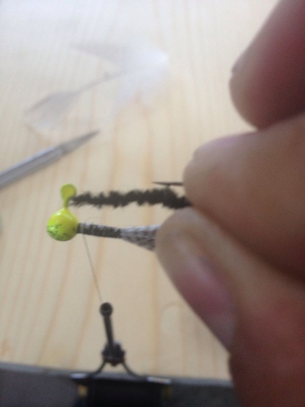 Place the chenille starting at the head and running towards the tail, then run the thread down the chenille to the tail and back to the head.