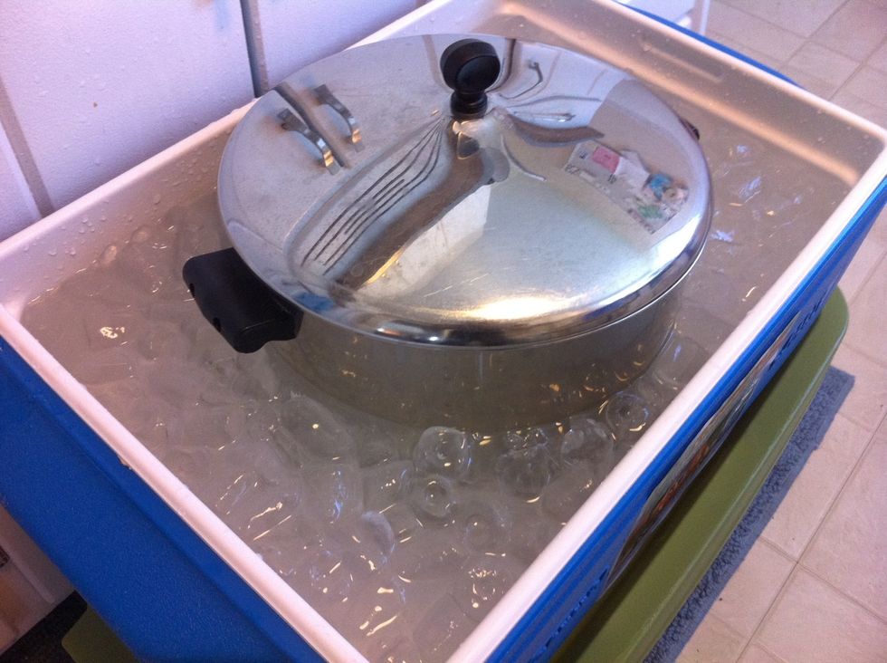 Place the covered pot in the ice bath. Keep an eye on the pot so it does not tilt much. Depending on the water height you may need to remove some water.
