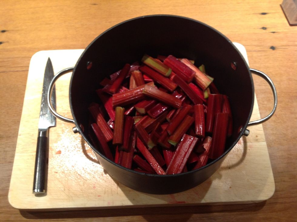 Place the cut stalks into a large and preferably non stick pot.