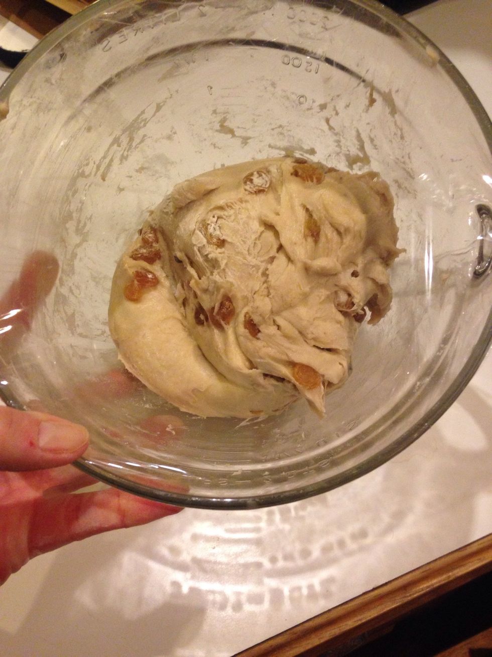 Place the dough in a flour dusted mix and measure bowl, cover, label, and refrigerate over night.