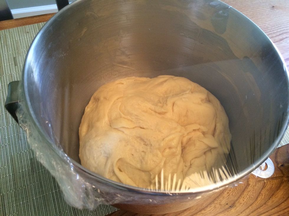 Place the dough in the buttered bowl and flip it around to coat it. Cover the bowl tightly with plastic wrap. Set aside in a warm place to rise until it doubles in bulk. This will take about 1 hour.