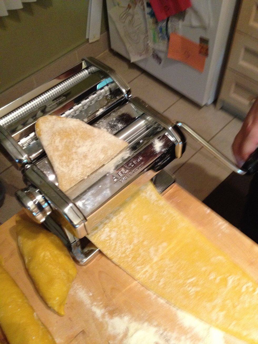Place the dough in the roller and roll through on the thickest setting (on my "Atlas 150", I used the #1 setting).