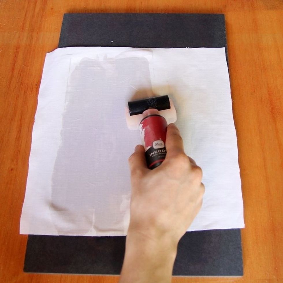Place the fabric on the backing board and thoroughly coat with Inkodye. Be sure to blot away any excess with a paper towel.