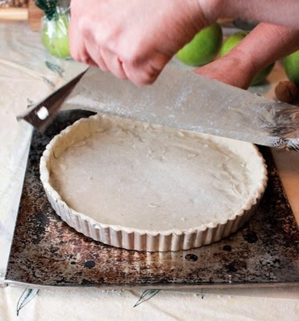 Place the foil, buttered side down into the pie crust and up the sides.