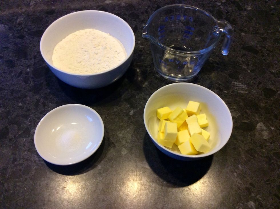 Place the following ingredients into the Thermomix bowl, 150g plain flour, 75g chilled butter cut into pieces , 1/2tsp salt,  50g water chilled.