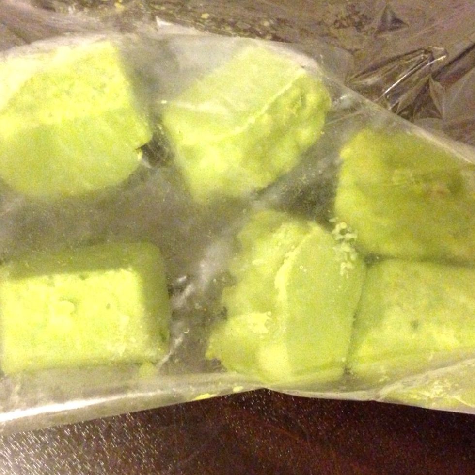 Place the frozen cubes in freezer safe ziplock bags. It'll be fresh for up to 3 months. When you want to do a mask; simply take a cube out and let it thaw for 10 minutes.