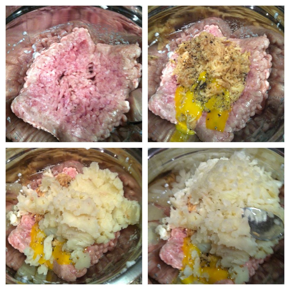 Place the ground chicken in the bowl, add the grated potato, egg yolk, S&P, mashed potato and chopped onion.