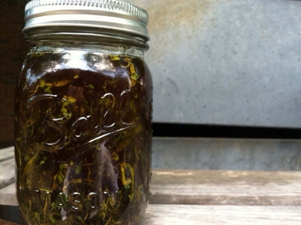 Place the jar in a sunny location for a minimum of 3 weeks. Shake the jar daily. When the herbs are fully infused, strain the spent herbs with a filter or cheesecloth, and store the oil in a jar.