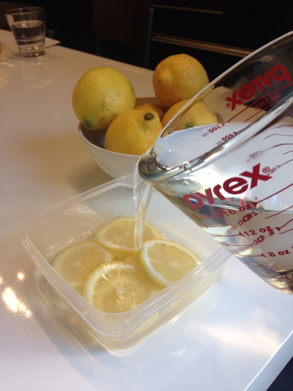 Place the lemons in a tupperware container and pour warm water to nearly the top. (Warm water is said to help keep the ice cubes from getting cloudy.) Put them in a flat spot in the freezer...
