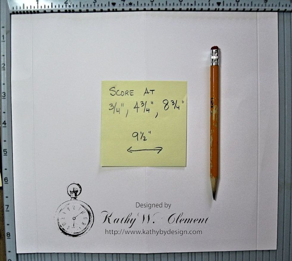 Place the long side of the cardstock along the top rail of your scoring tool. From left to right, score at 3/4", 4 3/4", and again at 8 3/4".