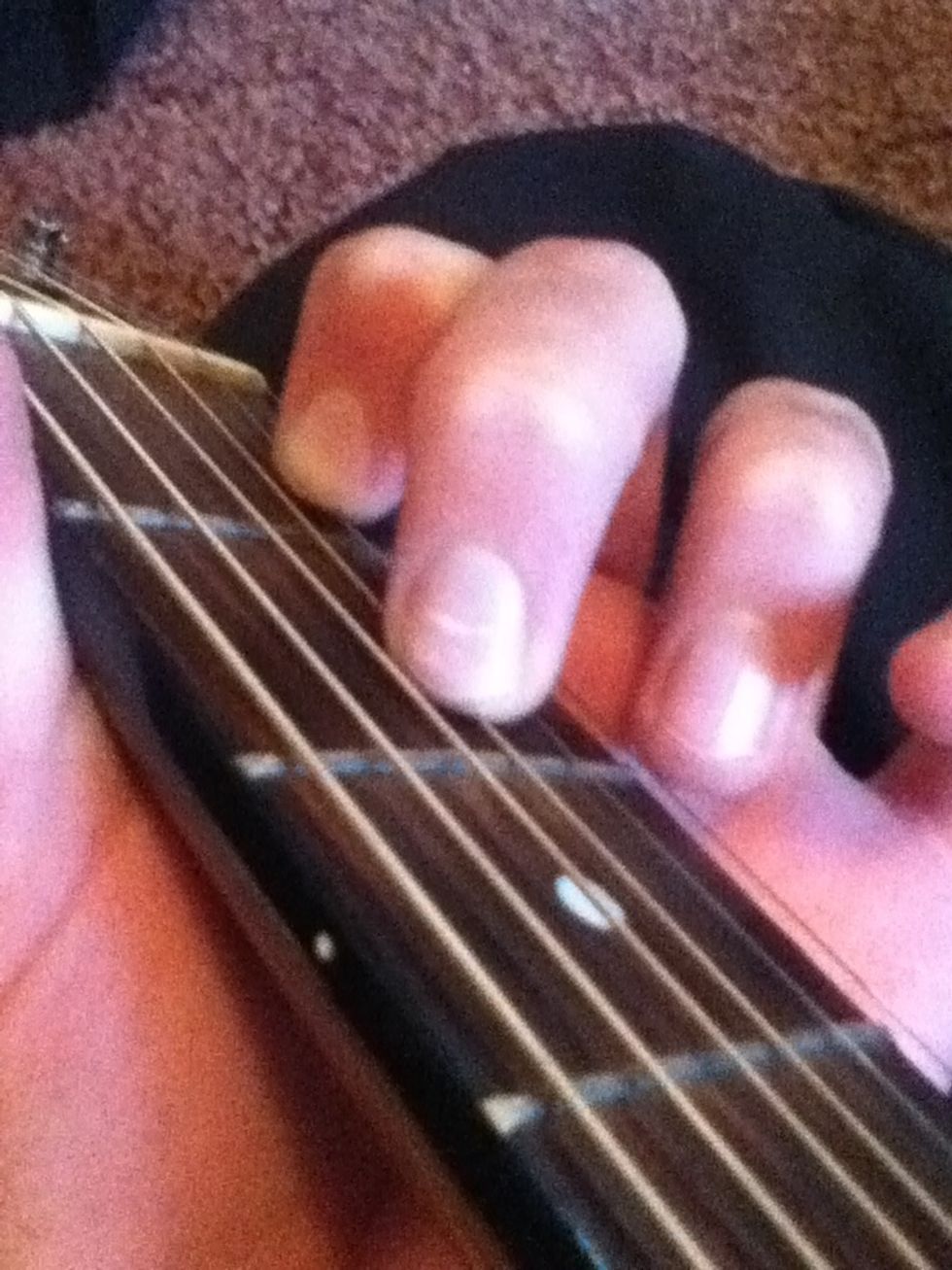 Place the middle finger kitty corner on the 2nd string, 2nd fret.