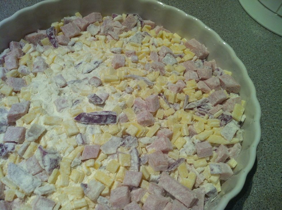 Place the mixture in your pie or quiche bakeware. Press the dry mixture down.