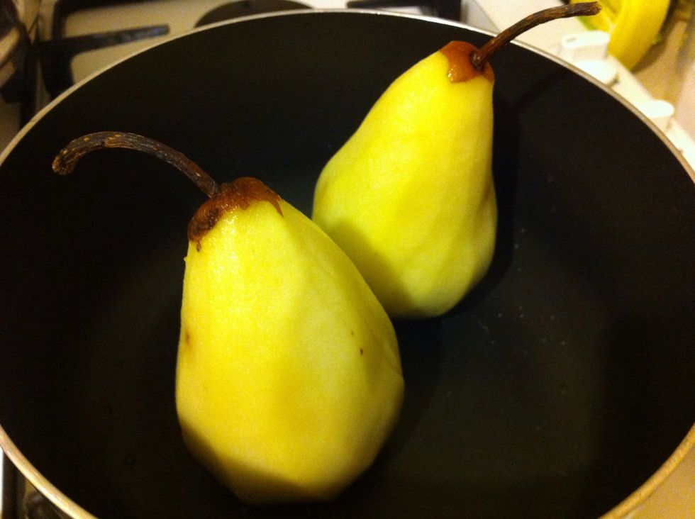 Place the pears in a medium pot and add: water, honey, rose water, cinnamon, and sugar.