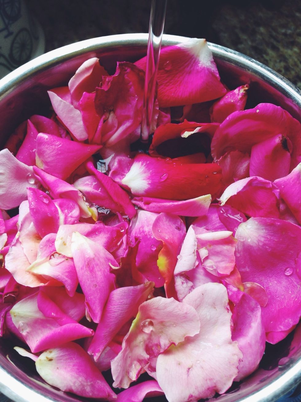 Place the petals in a small pot and add just enough distilled water to cover them - you don't want to dilute the rose water.