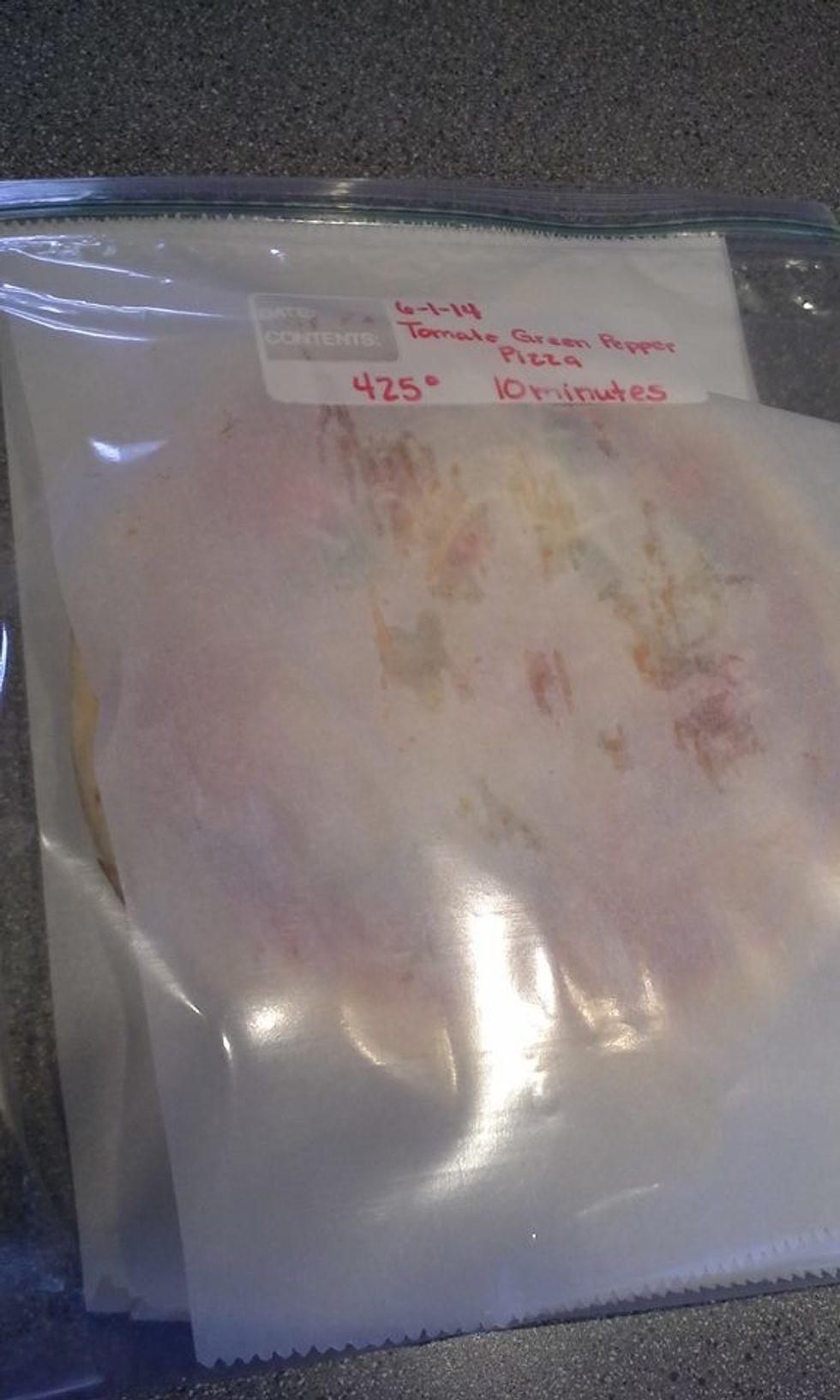 Place the pizzas into a freezer bag. Write the date the pizza was made on the bag,the toppings of the pizza,the degree to cook the pizzas and the cooking time.The cooking time and degree can vary.