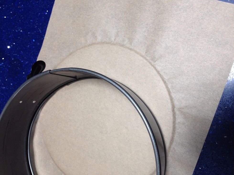 Place the platform of the springform pan underneath the sheet of parchment paper and place the ring on the top. Line it up and press down so the ring fits over the bottom platform.