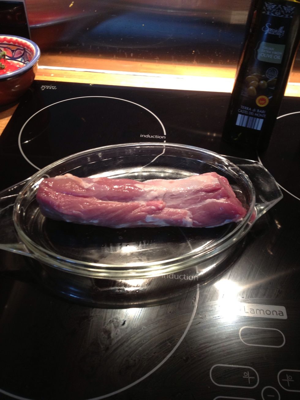 Place the pork tenderloin in a dish. I use the lid off a glass casserole dish